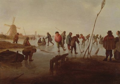 Figuren beim Schlittschuhlaufen auf gefrorenem Wasserweg, 17. Jahrhundert von Barent Avercamp