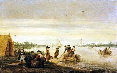 Flusslandschaft mit Fischern, die Netze einholen von Barent Avercamp