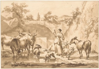 Spinnende Hirtin mit Herde von C. Dietrich (prentmaker) (possibly)