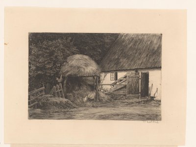 Bauernhof mit Heuhaufen und Hühnern von Carl Bloch