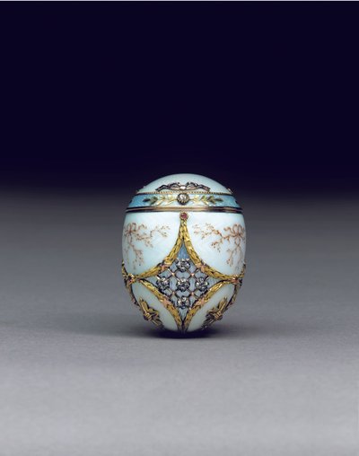 Seltene juwelenbesetzte zweifarbige Eierbonbonniere, 1896-1908 von Carl Fabergé