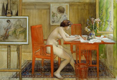 Das Modell schreibt eine Postkarte von Carl Larsson