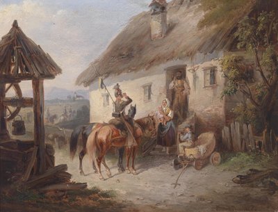 Österreichische Ulanen vor einem Bauernhaus von Carl Martin Ebersberg