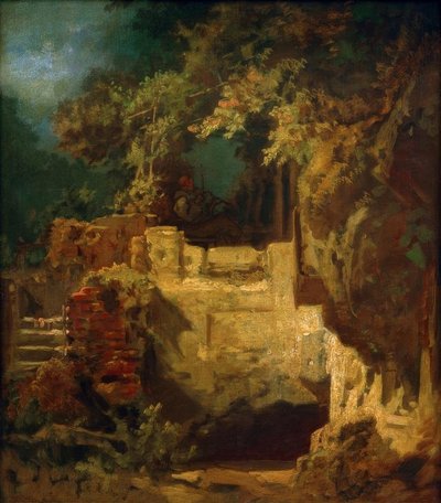 Geigender Eremit in Felsenklause von Carl Spitzweg