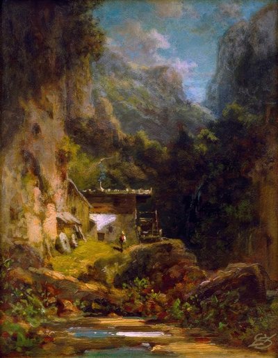 Mühle in Waldschlucht mit einer Figur von Carl Spitzweg