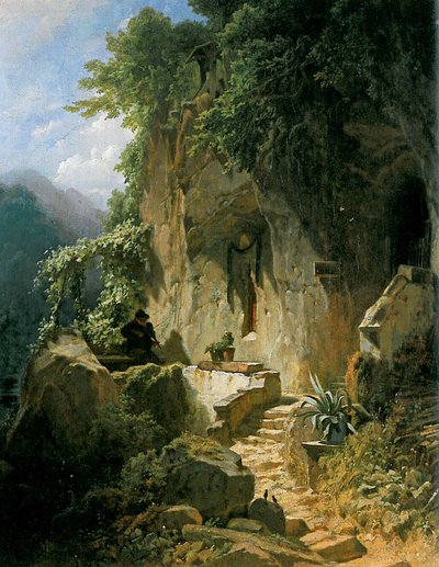 Musizierender Einsiedler vor seiner Felsenklause von Carl Spitzweg