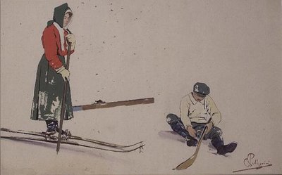 Seine Skier sichern (Farblitho) von Carlo Pellegrini