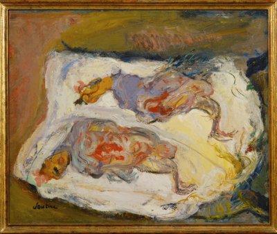 Zwei Hähnchen auf weißem Tuch von Chaim Soutine