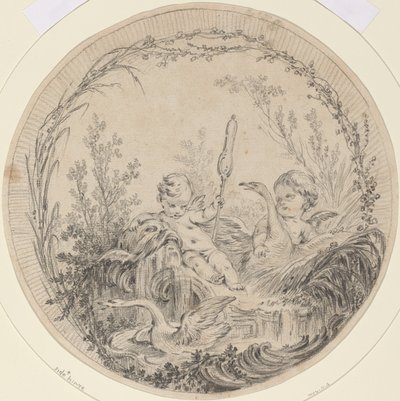 Zwei Putti spielen mit Schwänen von Charles Eisen