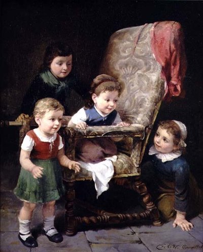 Kinder spielen um einen Stuhl von Charles Petit