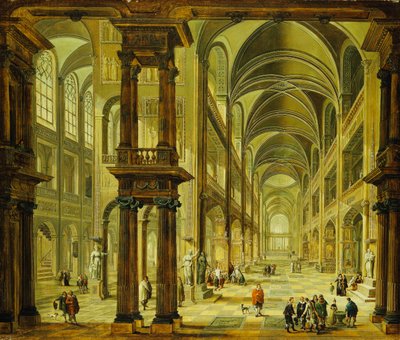 Ein imaginäres Kircheninneres mit Figuren von Christian Stocklin