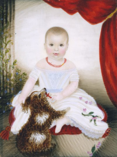 Baby mit Rassel und Hund, 1842 von Clarissa Peters