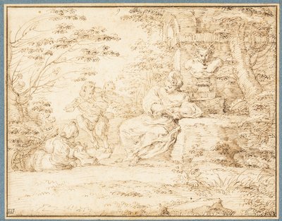 Zwei ruhende Frauen und zwei tanzende Satyrn von Claude Gillot