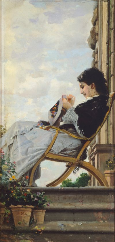 Frau näht auf der Terrasse von Cristiano Banti