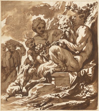 Ein Satyr unterhält seine Familie von Domenico Piola