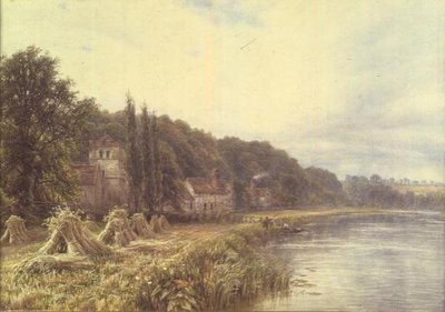 Dorf am Fluss mit angelnden Figuren von Edmund George Warren