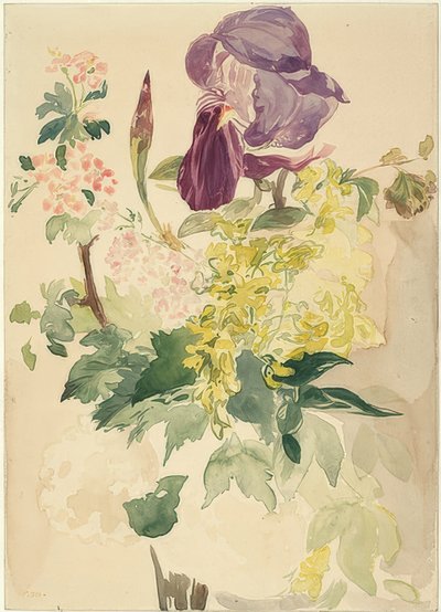 Blumenstück mit Schwertlilie, Goldregen und Geranie von Édouard Manet
