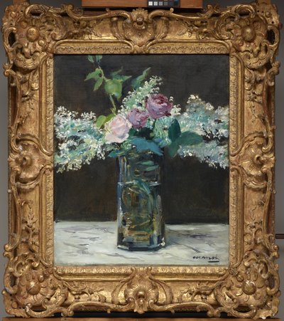 Vase mit weißen Flieder und Rosen von Édouard Manet