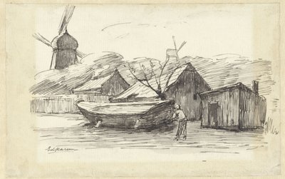 Boot, Häuser und eine Windmühle von Eduard Karsen