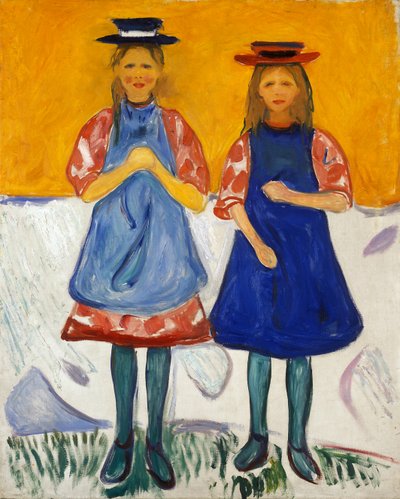 Zwei kleine Mädchen mit blauen Schürzen von Edvard Munch