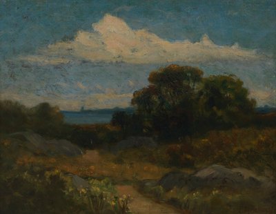 Landschaft mit Bäumen und Felsen am See von Edward Mitchell Bannister