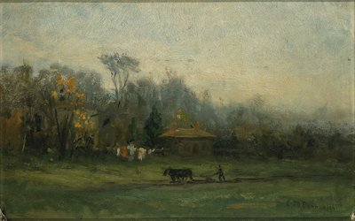 Ohne Titel (Landschaft mit Mann, der Felder pflügt) von Edward Mitchell Bannister