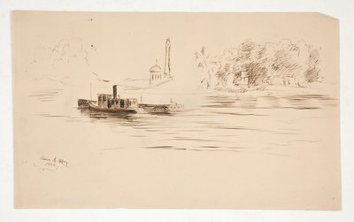 Schlepper schiebt Lastkahn auf dem Fluss von Edwin Austin Abbey