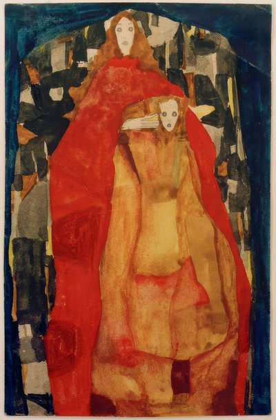 Mutter mit Kind in rotem Mantel von Egon Schiele