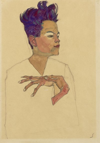 Selbstporträt mit Händen auf der Brust, 1910 von Egon Schiele