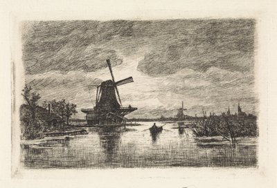 Landschaft mit zwei Mühlen und einem Ruderboot von Elias Stark