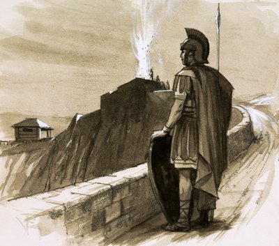 Römischer Soldat, der eine Grenzmauer bewacht von English School