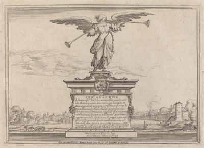 Widmungsseite mit Statue der Fama von Ercole Bazicaluva