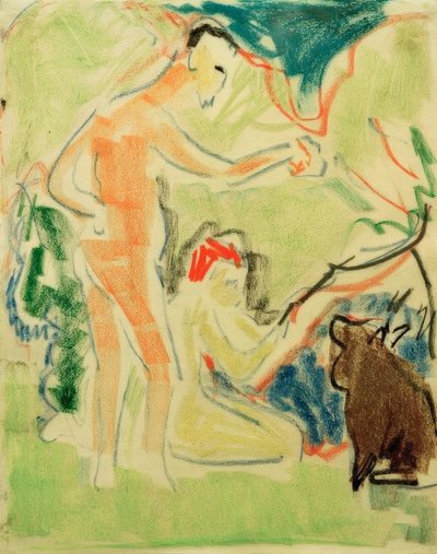 Badende mit Hund in Moritzburg von Ernst Ludwig Kirchner