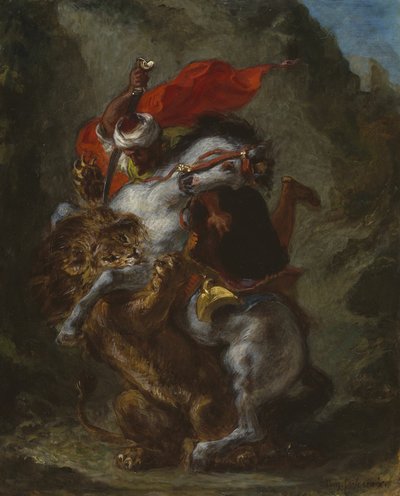 Arabischer Reiter von einem Löwen angegriffen von Eugène Delacroix