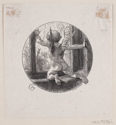 Runde Vignette mit fliegendem Engel von F. Hendriksen