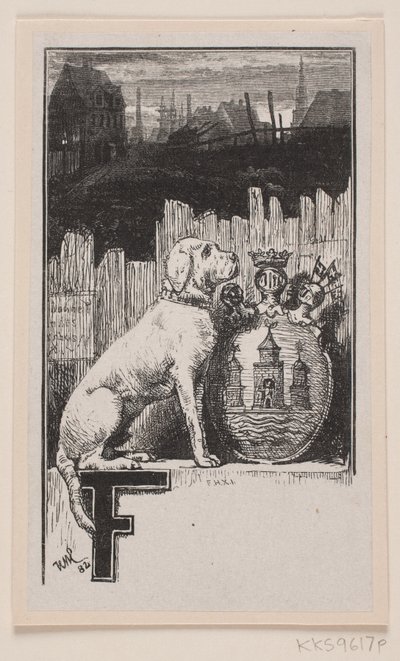 Initialvignette."F" mit einem Hund und dem Wappen von Kopenhagen von F. Hendriksen