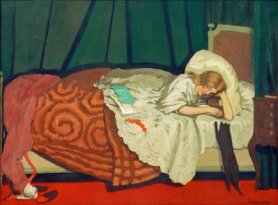 Liegende Frau, die mit einer Katze spielt von Felix Edouard Vallotton