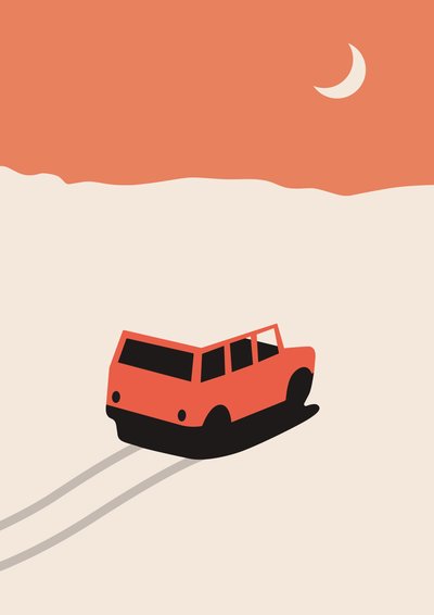 Rotes Auto in der Wüste mit Mond von Florent Bodart