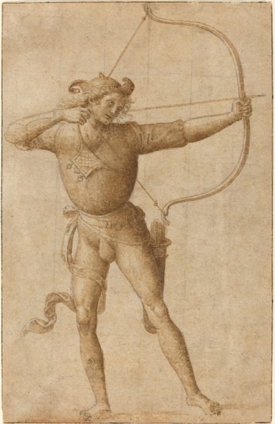 Bogenschütze, der einen Bogen spannt von Follower of Pietro Perugino