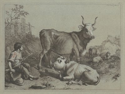 Sitzender Hirte mit einem Stier und einem Ochsen von Francesco Londonio