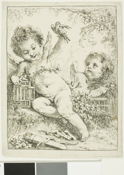 Zwei Putti mit einem Vogel von François Boucher