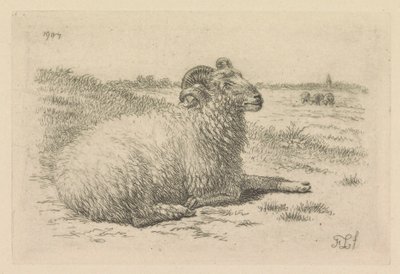 Liegender Widder auf einer Wiese von Frans Lebret
