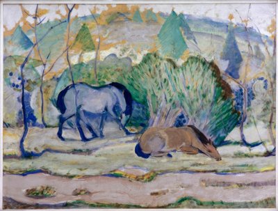 Pferde auf der Weide (Pferde in Landschaft) von Franz Marc