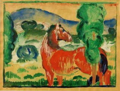 Rotes Pferd in farbiger Landschaft von Franz Marc