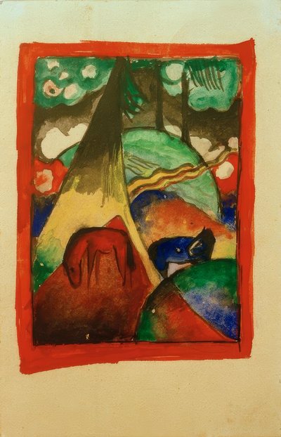 Rotes und blaues Pferd in Landschaft von Franz Marc
