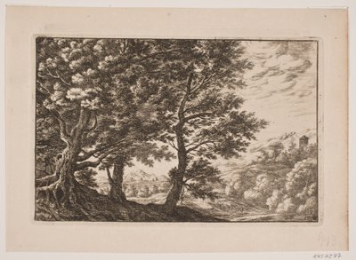 Bergige Landschaft mit großen Bäumen von Frederik Laub