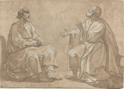 Zwei sitzende Heilige von French 17th Century