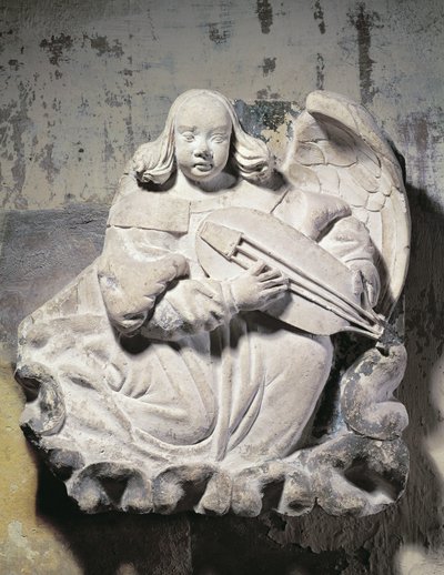 Engel-Musiker, der ein Saiteninstrument spielt (Basrelief) von French School