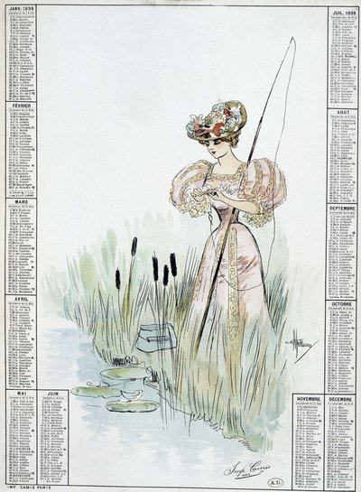 Frau beim Angeln - Zeichnung von Guillaume von French School