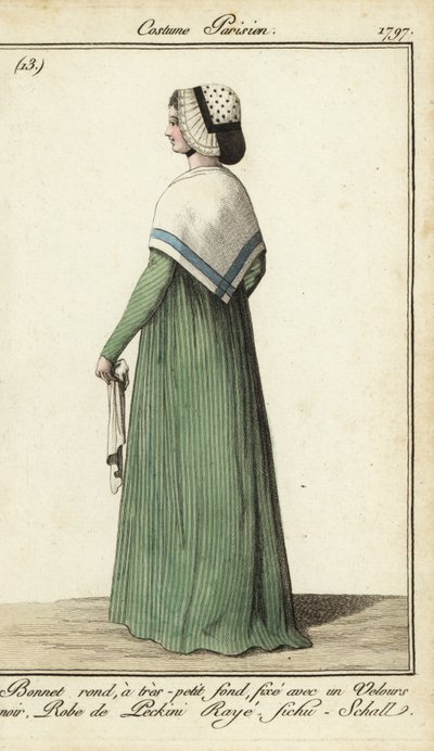 Frau im gestreiften Kleid mit Halstuch-Schal von French School